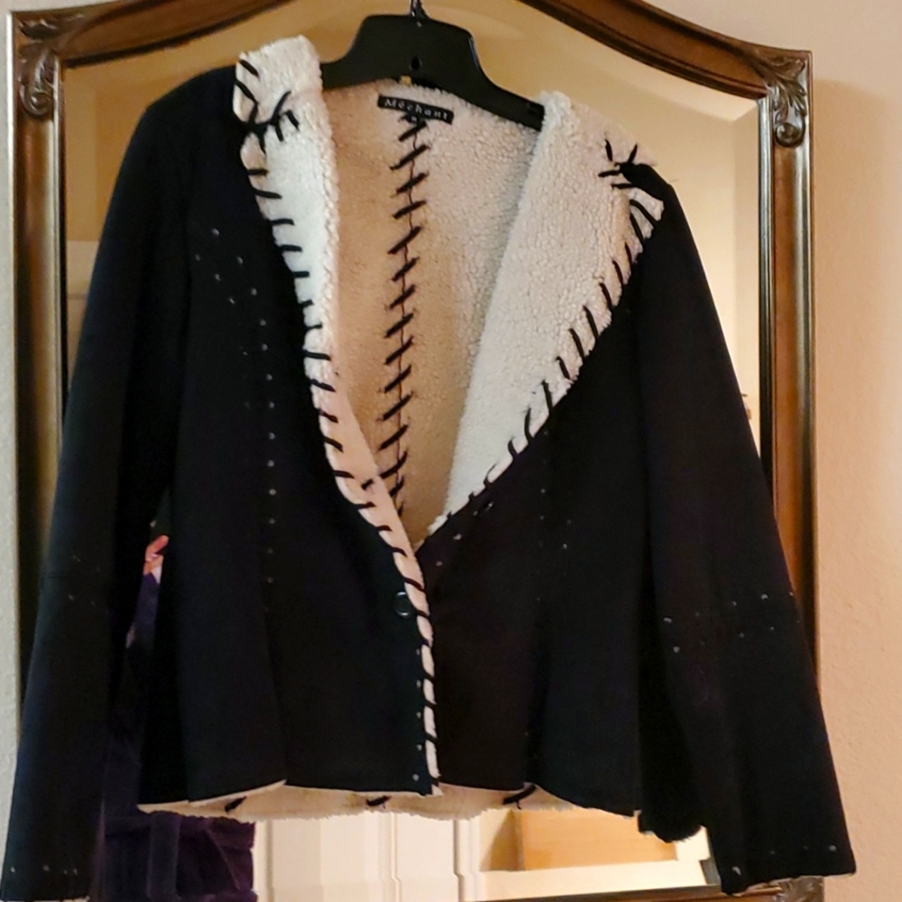Faux Black suede sherpa  Jacket with 1 Button closer  Mid hip length.. SZ M